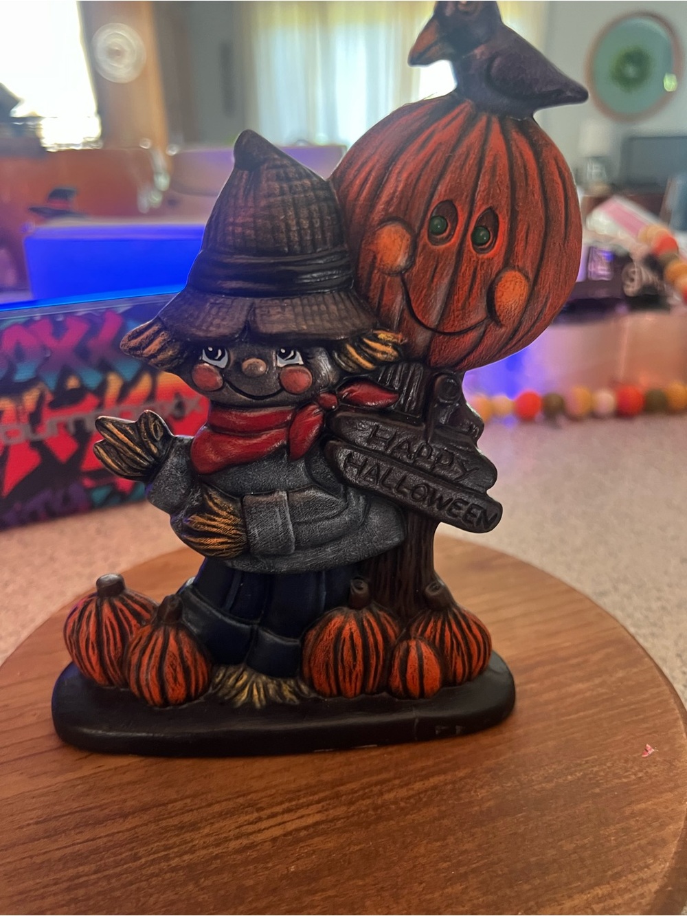 Cute Scarecrow & Pumpkin Halloween Figurine - Orange, Black, Gray